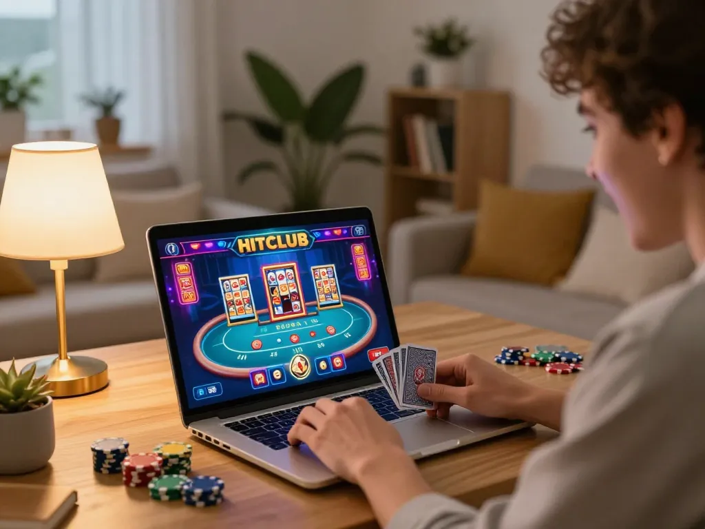 Engage in exciting online gambling with Hitclub interface displayed on a laptop in a cozy home setting.