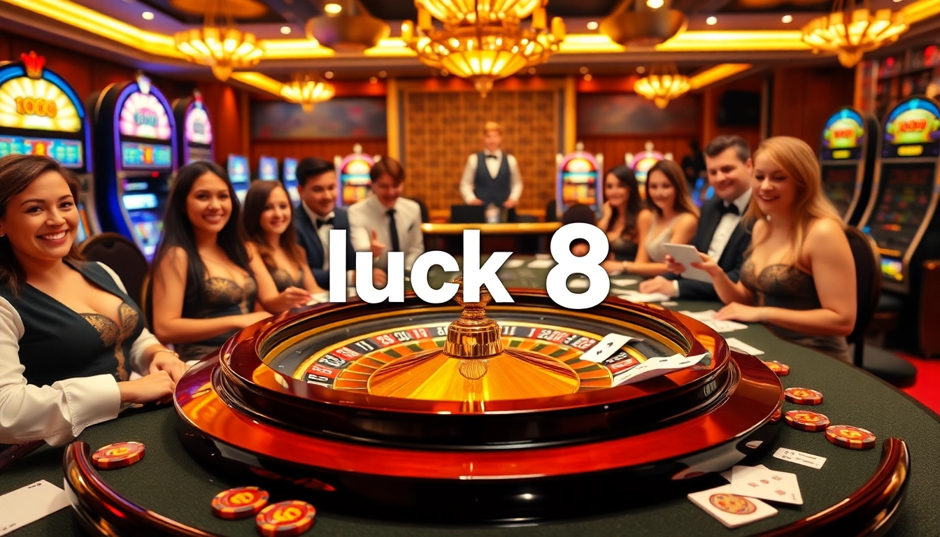 Experience thrilling gameplay with luck 8 at a lively casino featuring roulette and slot machines.
