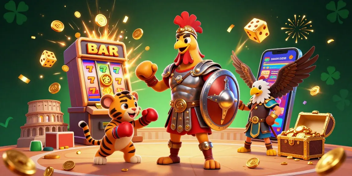 Experience ดูหนังออนไลน์ with a dynamic scene featuring a rooster in armor, and vibrant casino elements bursting around.