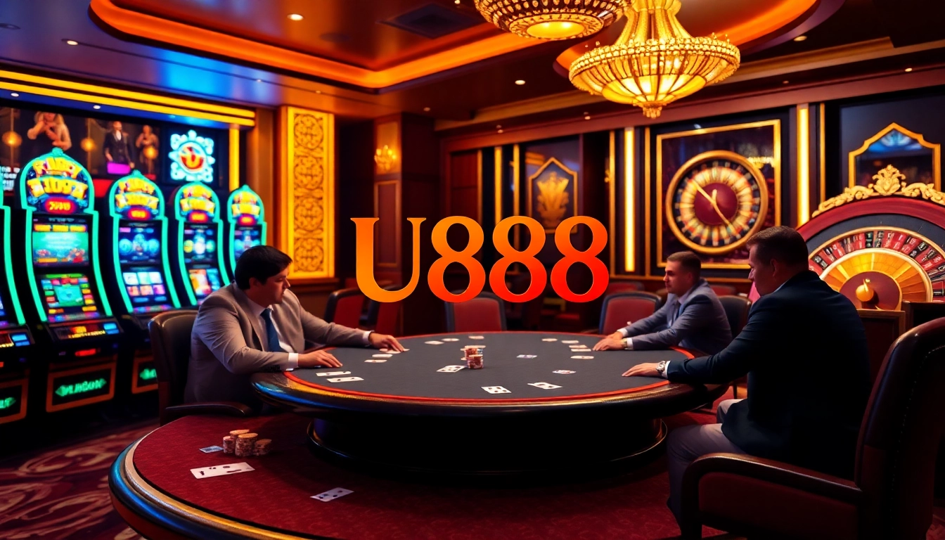 Engaging poker gameplay at U888 casino with vibrant slot machines in the backdrop.