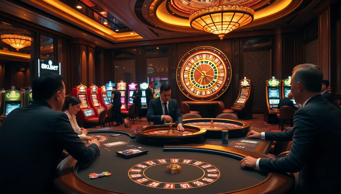 Experience 8kbet excitement with players engaged at poker and roulette tables in a luxurious casino.