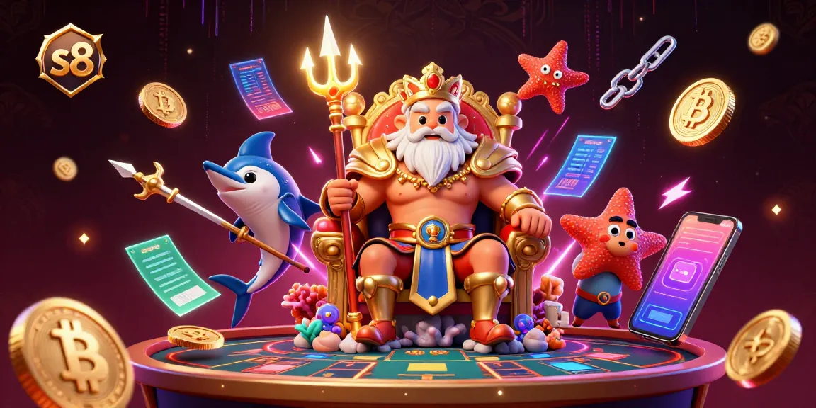 Bet on exciting games with s8, featuring Neptune, samurai, and glowing crypto elements in a vibrant casino scene.