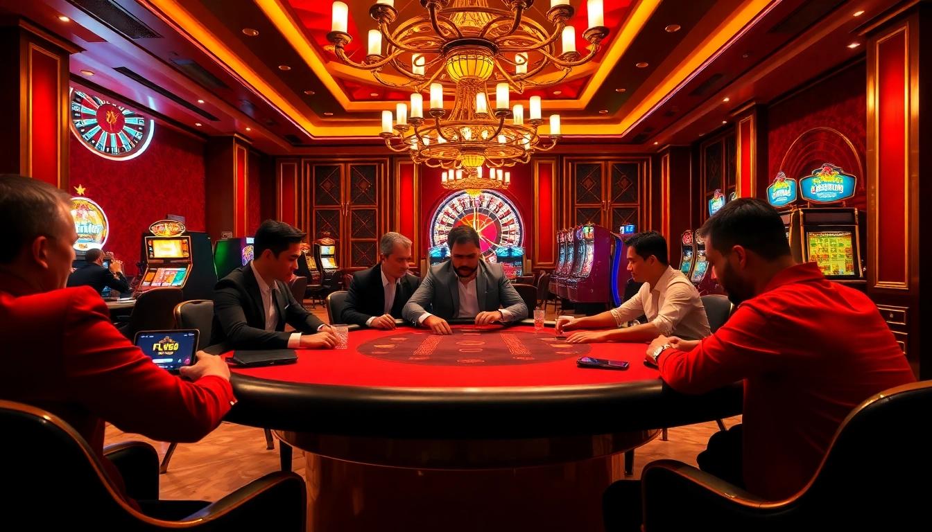 High-stakes poker action at the luxurious FLY88 casino, showcasing intense gameplay and vibrant atmosphere.