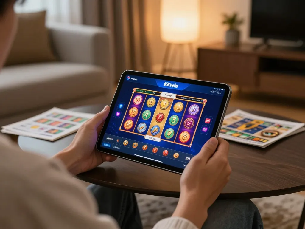 Kkwin player enjoying mobile gaming experience on tablet in a cozy home setup