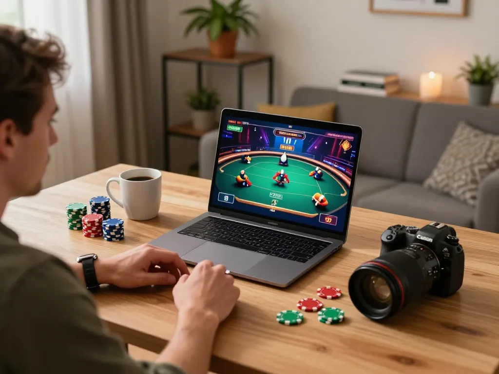 Fabet online gaming setup with player engaged in poker, chips stacked, cozy atmosphere.