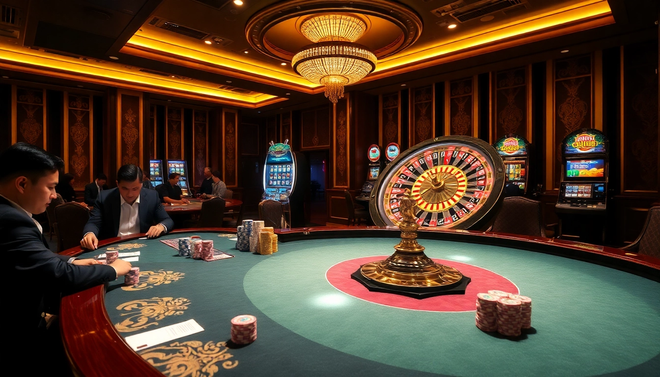 A luxury casino scene at https://zk88.club/ showcasing excited players at poker tables and a glowing roulette wheel.
