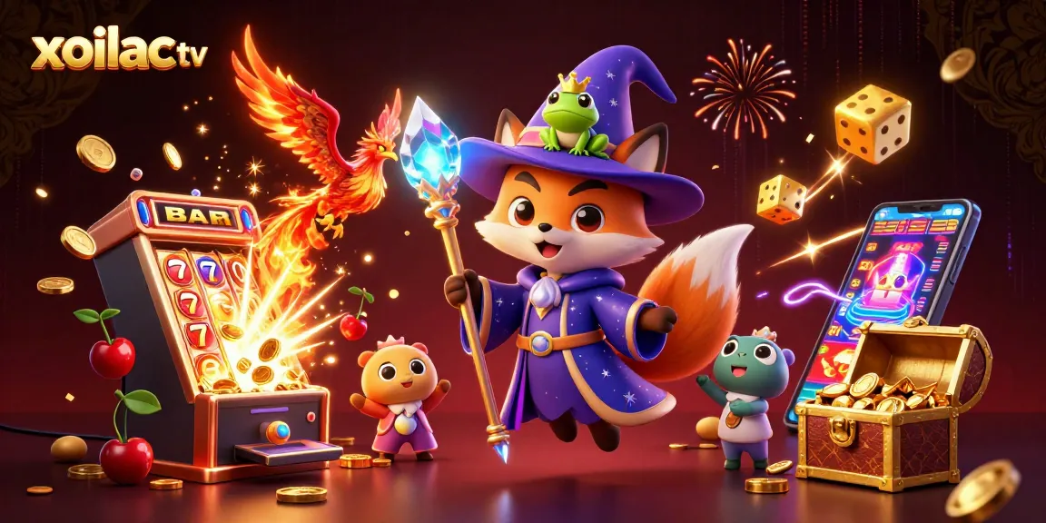 Xoilac TV showcases exciting gameplay with a wizard fox and lively elements in a dynamic casino scene