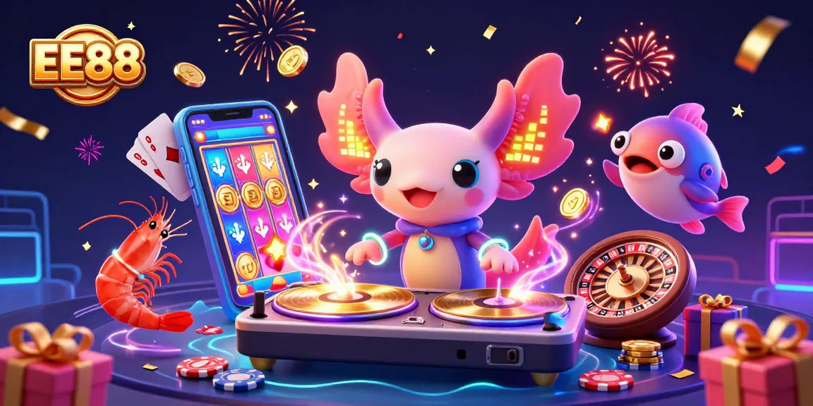 Engage in thrilling slots action with EE88's axolotl DJ spinning vibrant rewards in this colorful scene.