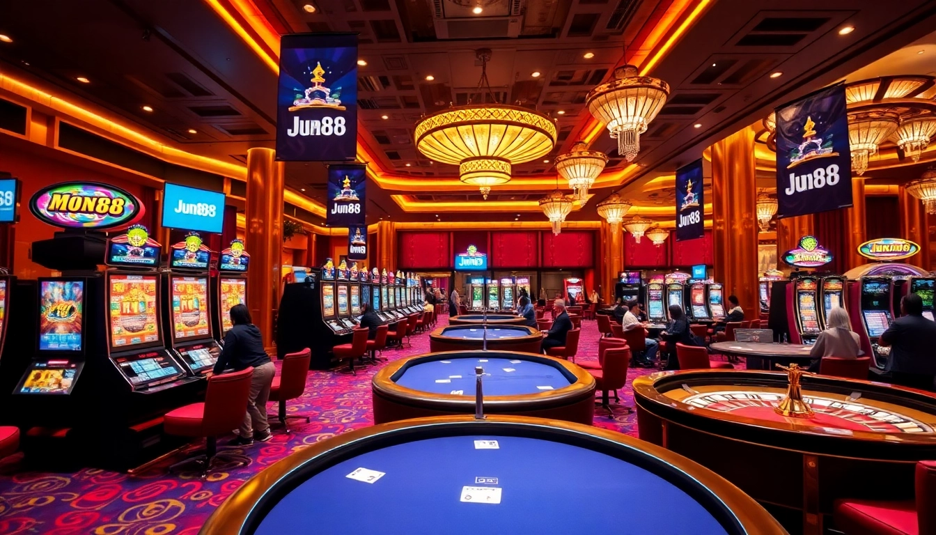 Players enjoying an exciting moment at Jun88 casino, surrounded by vibrant slot machines and poker tables.