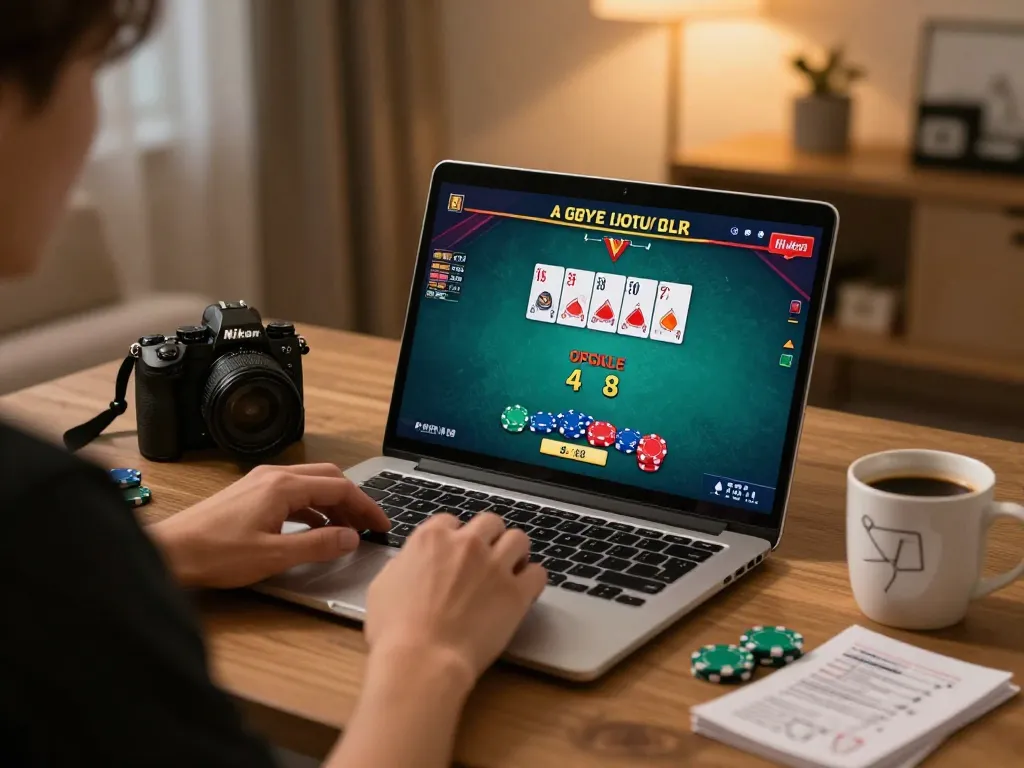 Person engaging in strategic online gaming on vin777 from a cozy home setup, showcasing chips and cards.