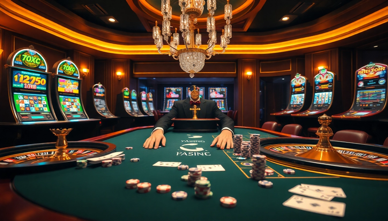 Engaging players at a vibrant 79KING online casino gaming table amidst colorful slots and chips.