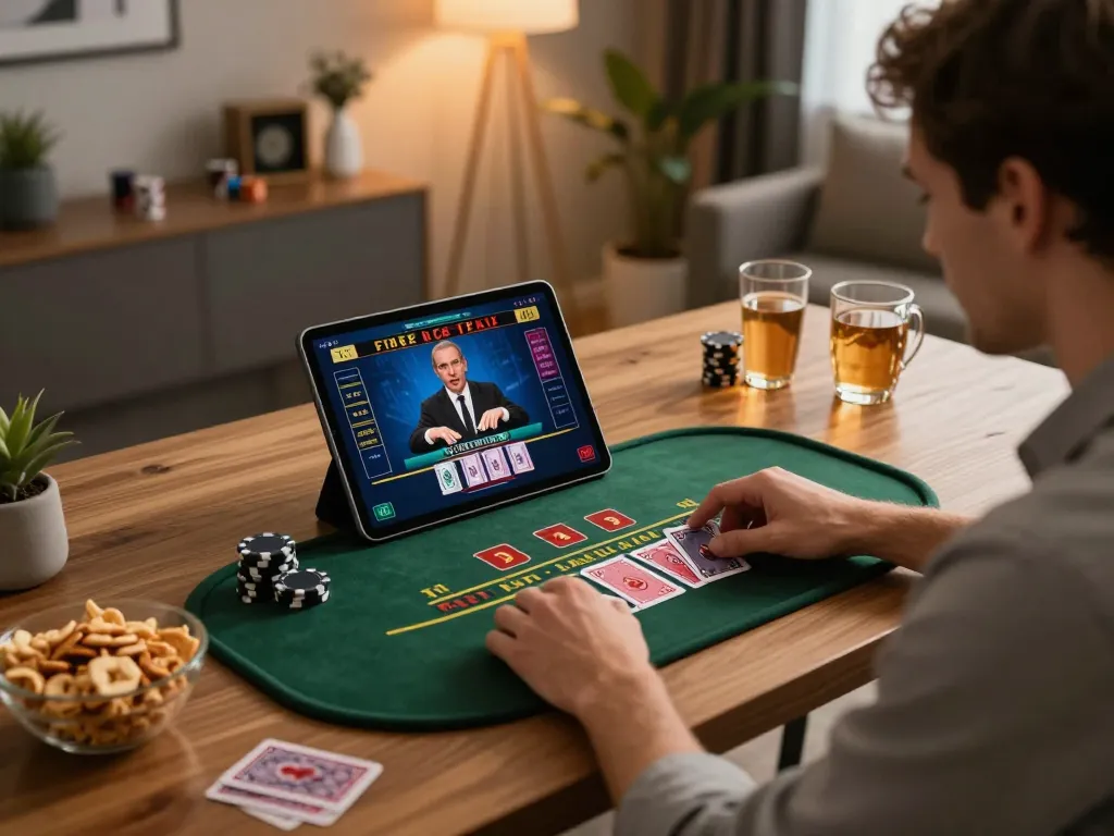 Engaged gambler enjoys thrilling online blackjack gameplay at home with ga8888, in a modern and cozy setting.