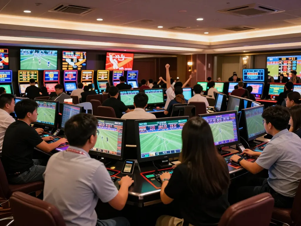 Engaged bettors placing kèo nhà cái wagers while cheering in a modern casino.
