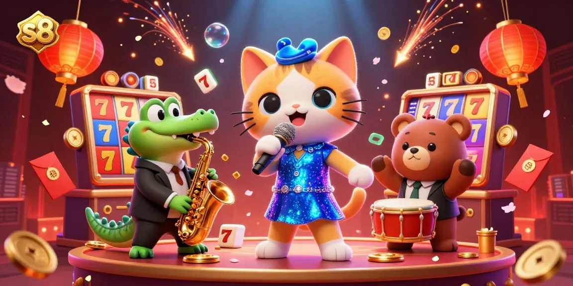 Experience exhilarating casino fun with s8 featuring a vibrant scene of singing cat, saxophonist crocodile, and bear drummer.