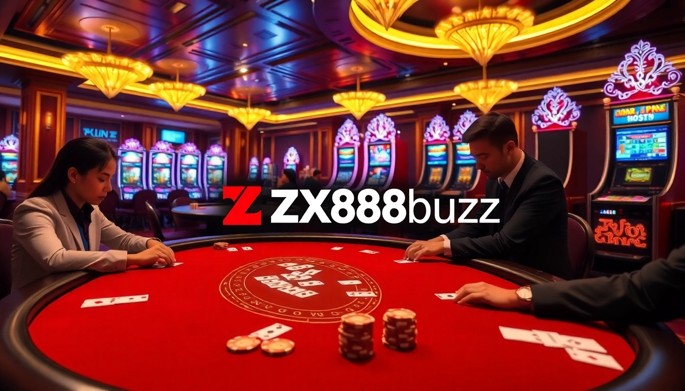 Players enjoying a high-stakes game at https://zx88.buzz/, with vibrant casino lights and a poker table.
