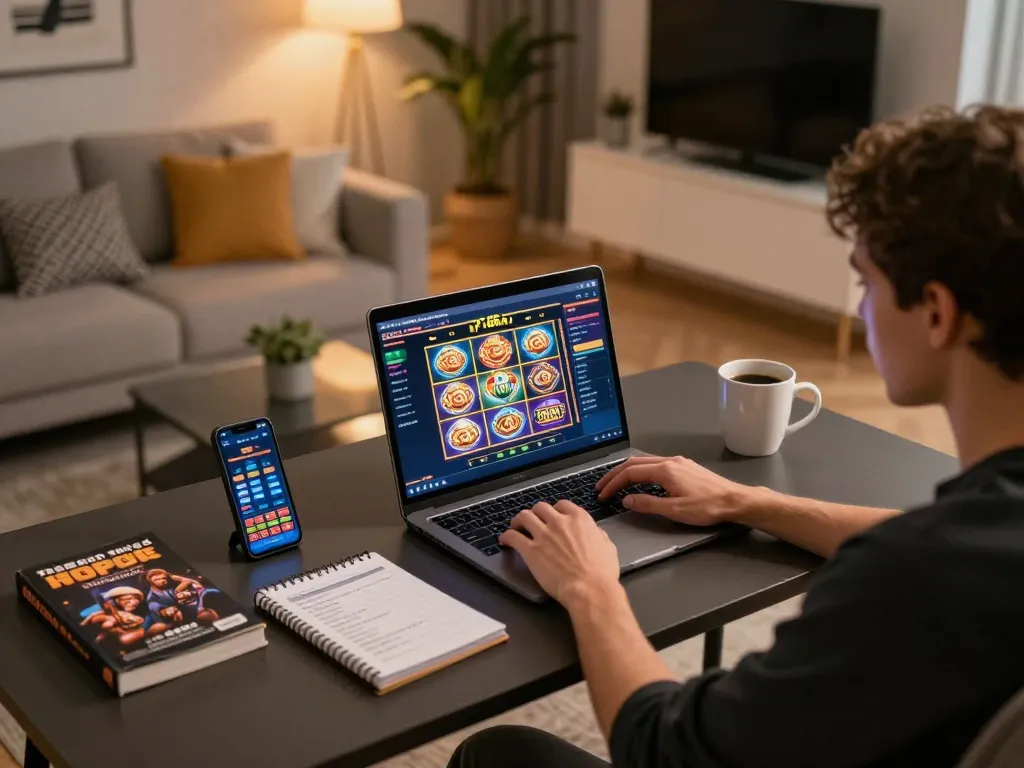 Engaging in F168 online casino gameplay at stylish home setup with vibrant slots interface