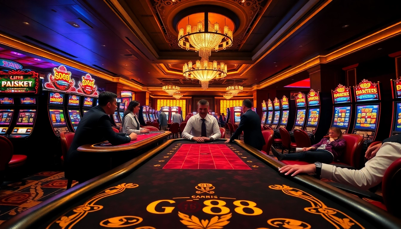 Experience thrilling wins at the go88 poker table among vibrant slot machines.