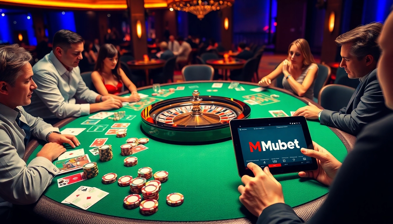 Mubet logo displayed on a tablet in an exciting casino scene with roulette and poker elements.