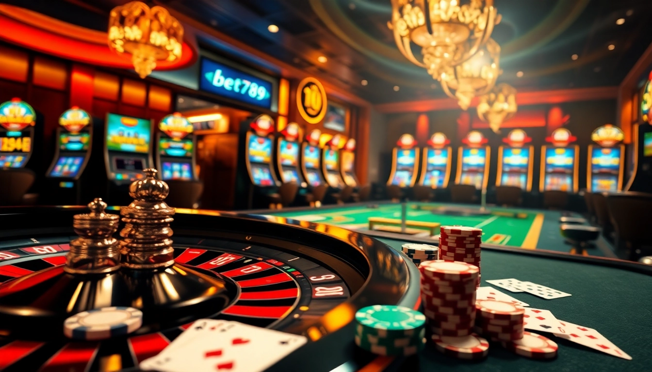 Engage with bet789 at a vibrant casino table featuring poker chips, cards, and a roulette wheel, expressing excitement.