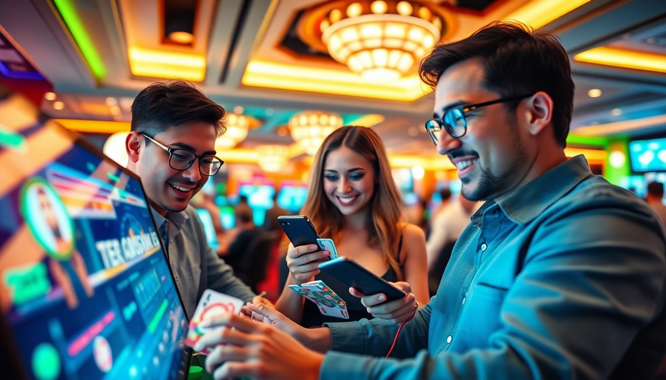 Engaged users enjoying a lively online gambling experience at tk88win.live, surrounded by vibrant casino elements.