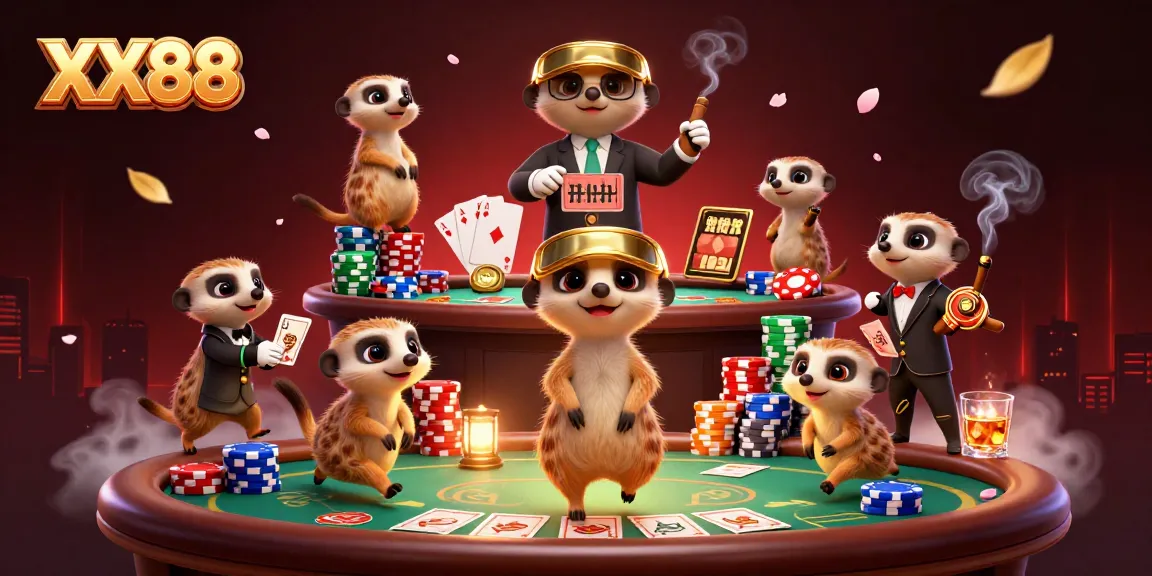 Meerkats operating a vibrant casino at XX88, showcasing poker games and chips amid an exciting atmosphere.