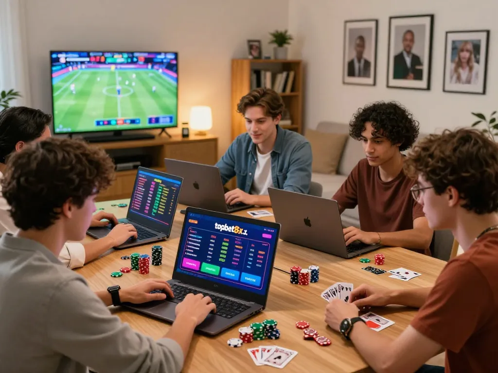 Friends enjoying an online gambling experience at topbet8x.com with screens showing betting options.