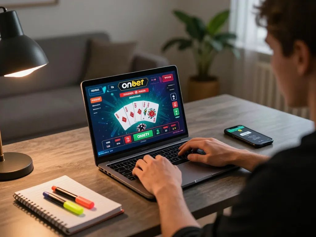 Engaged player using onbet platform for online casino gaming with strategy notes visible.