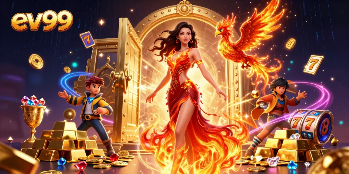 Experience the thrilling casino action of ev99 with vibrant slot reels and golden treasures.