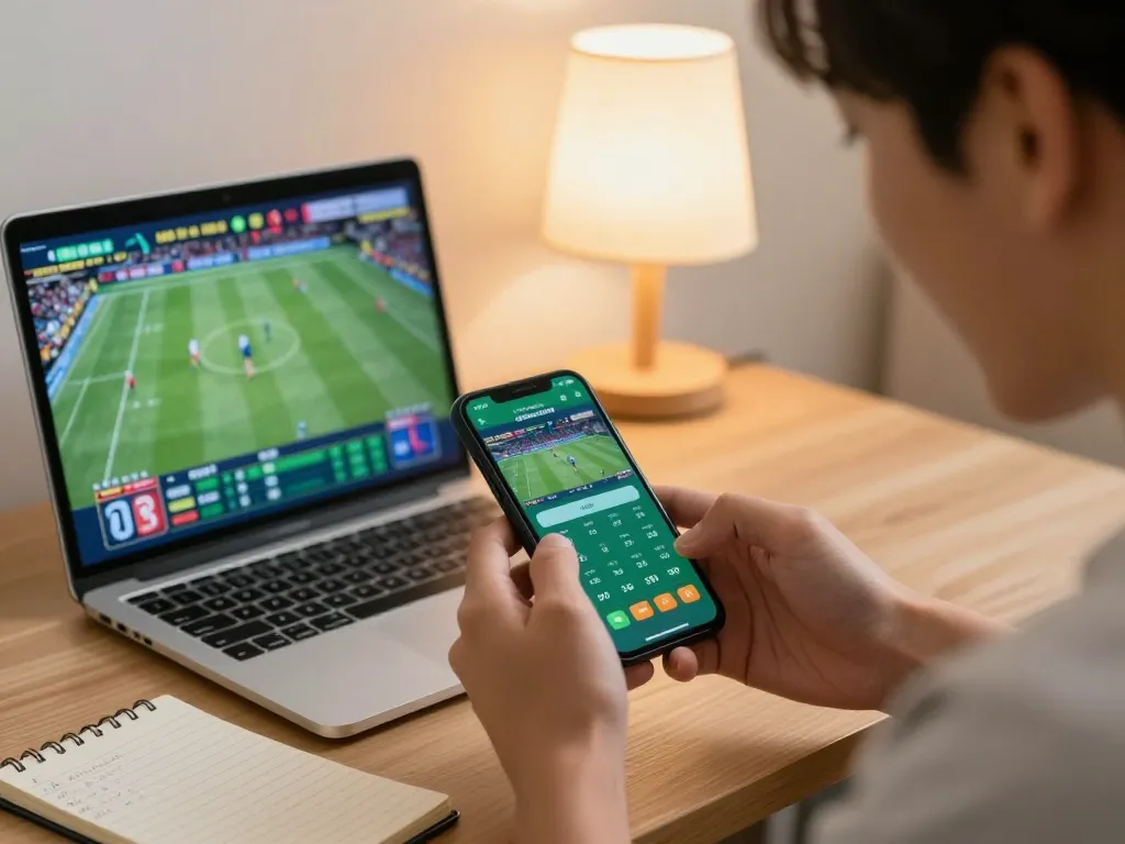 Player using hubet sports betting app on smartphone, analyzing odds in cozy home setting.
