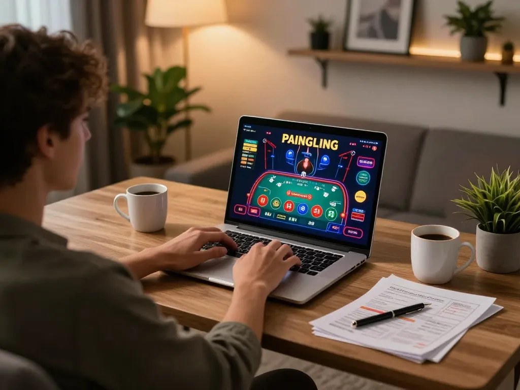 S666 đăng nhập - Person engaging in online casino gaming with laptop and strategy notes in a cozy setting.