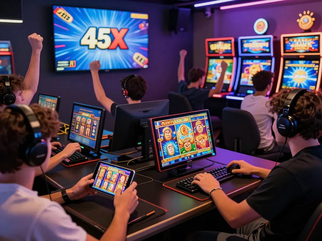 Players enjoying exciting slot games on 45X, showcasing vibrant gaming atmosphere and engaging user experience.