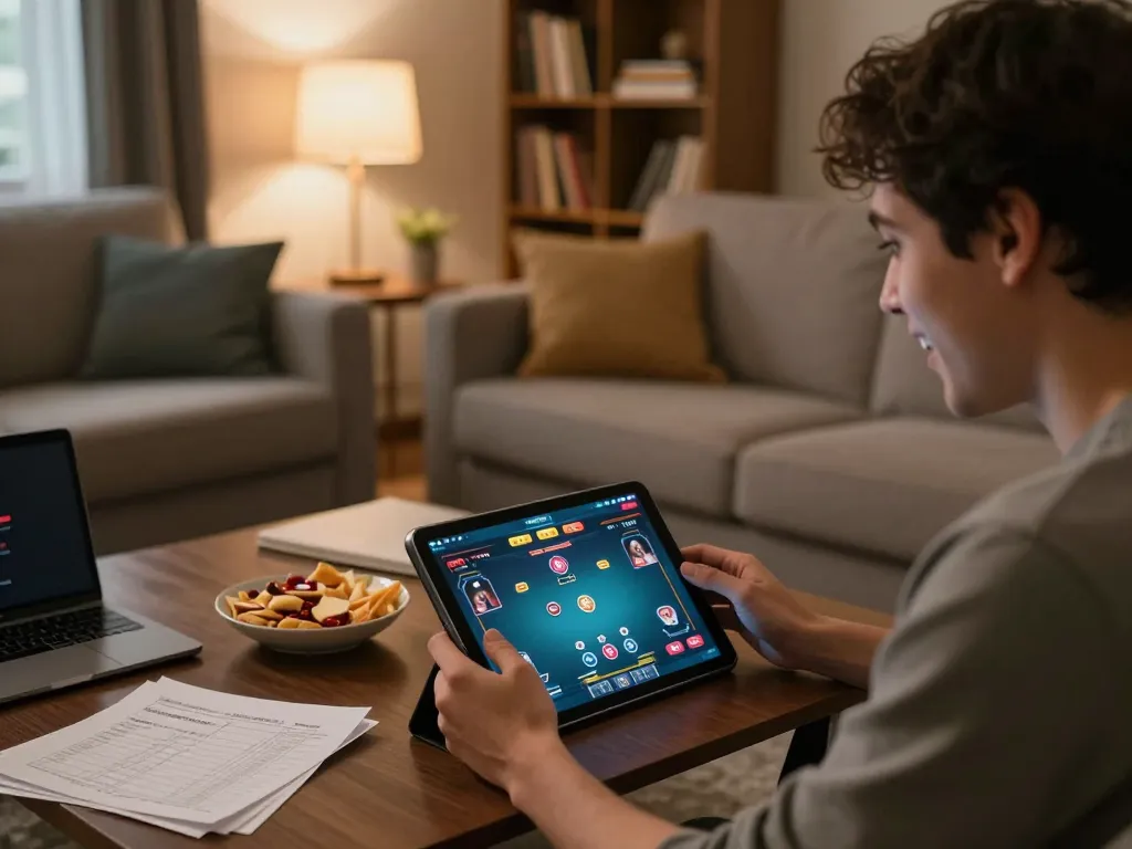 Player enjoying lc88 online poker game on tablet at home, showcasing strategic gameplay.