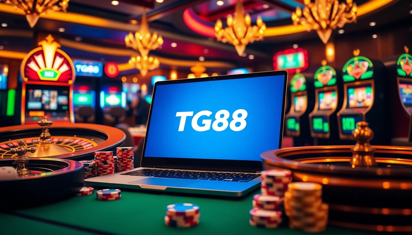 Experience the excitement of online gaming with TG88's vibrant interface featuring poker chips and roulette.