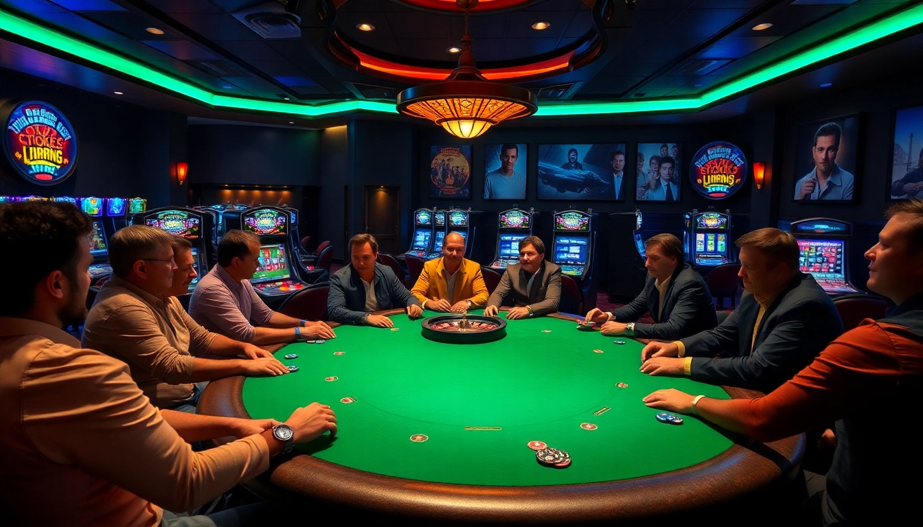 newphim poker game atmosphere in a luxurious casino with vibrant slots and roulette wheel.