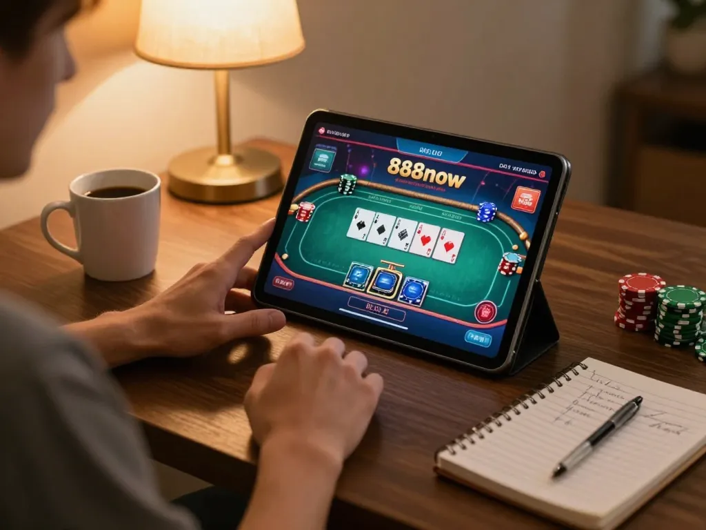 Engaging player using tablet for online gaming at https://888now.cfd/ with vibrant poker game interface and strategy notes.