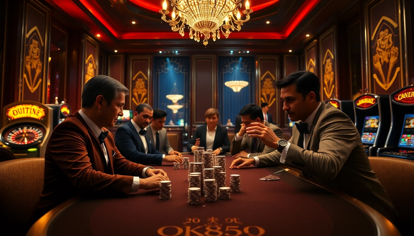 Engaged players at a luxurious poker table embodying the excitement of Trang chủ OK8836 casino gaming.