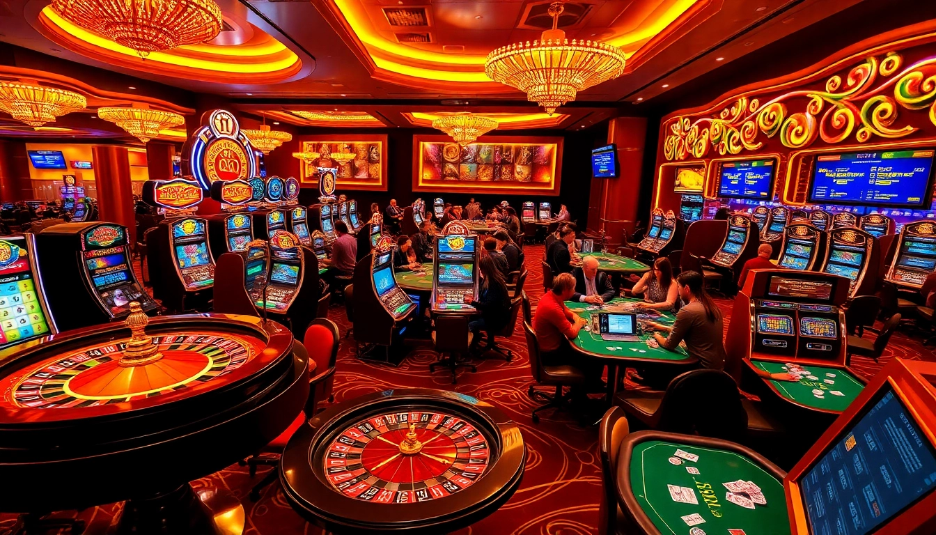 Players enjoying an exhilarating game experience at Suncity.one, featuring roulette, poker, and vibrant slot machines.