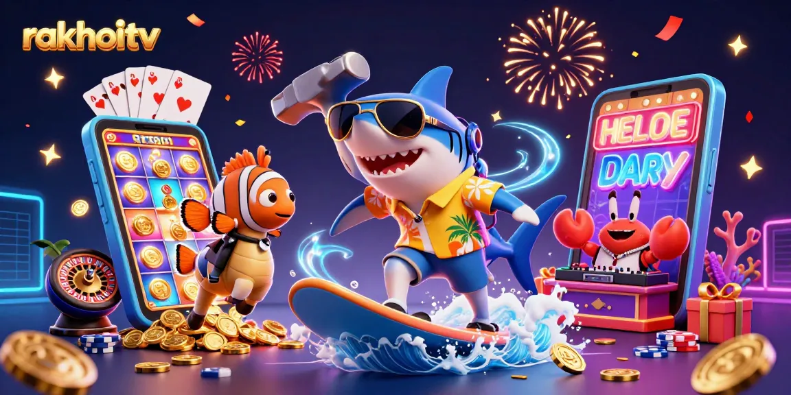 Experience rakhoitv's thrilling casino adventures with a vibrant 3D scene featuring characters and gaming elements.