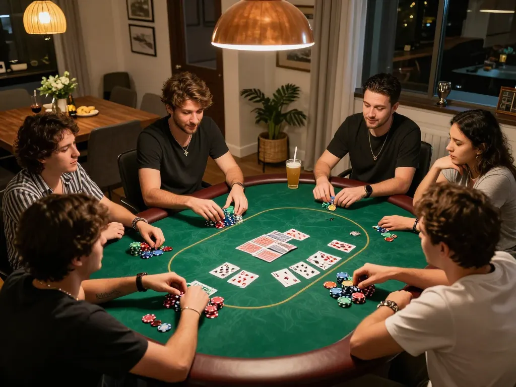 Friends enjoying a competitive home poker game, showcasing O8 SOCIAL gaming experience.