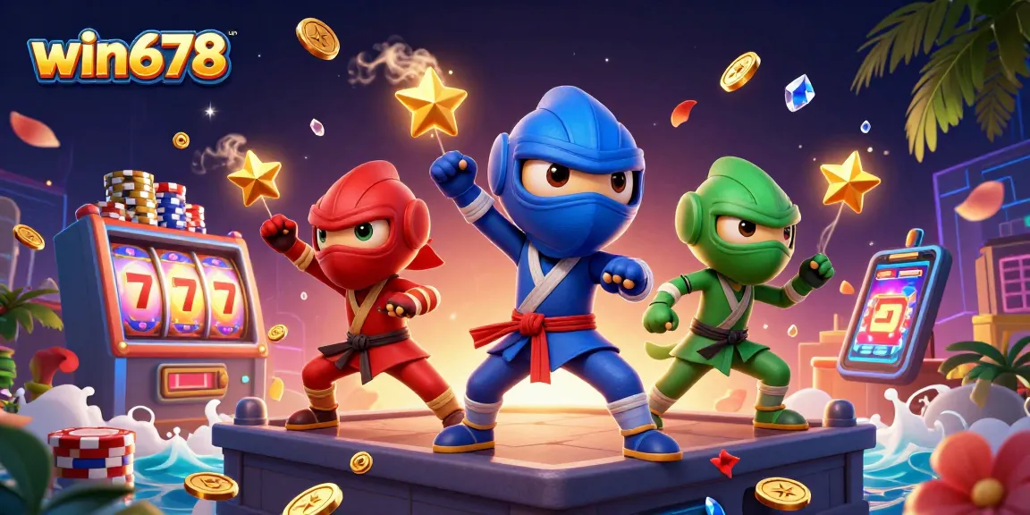Spin the 3D slot reels at win678 with chameleon ninjas in action, surrounded by vibrant casino elements