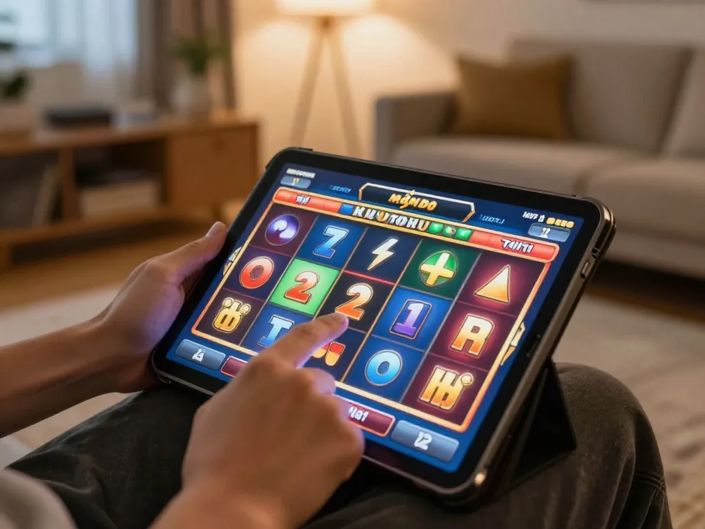 Nổ hũ gaming session on a tablet highlighting spinning reels and strategic playing.