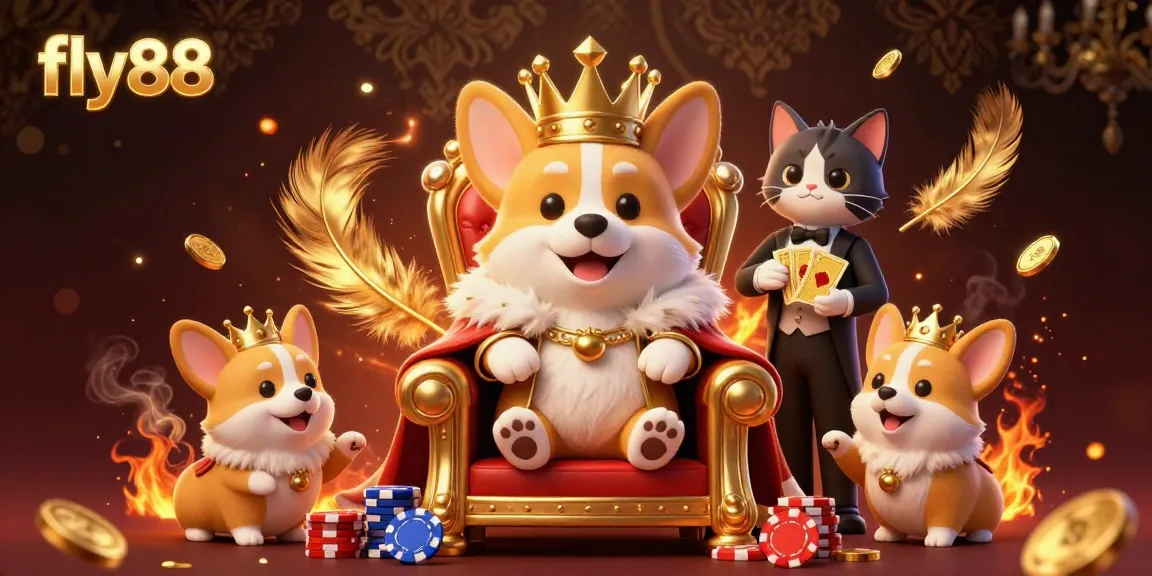 Experience thrilling games at fly88 with a vibrant scene of royal corgis and rich gaming elements.