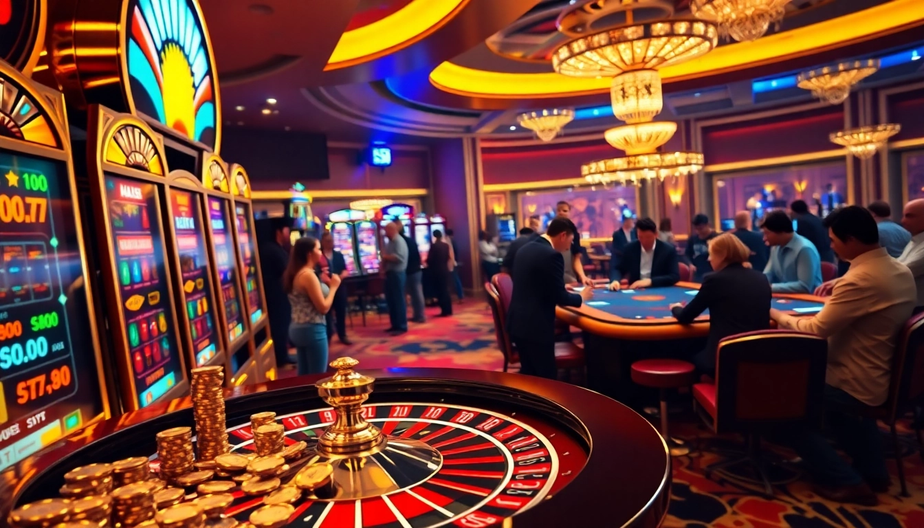 Experience thrilling bets at https://l444.art/ in a vibrant casino scene with excited players and luxurious ambiance.