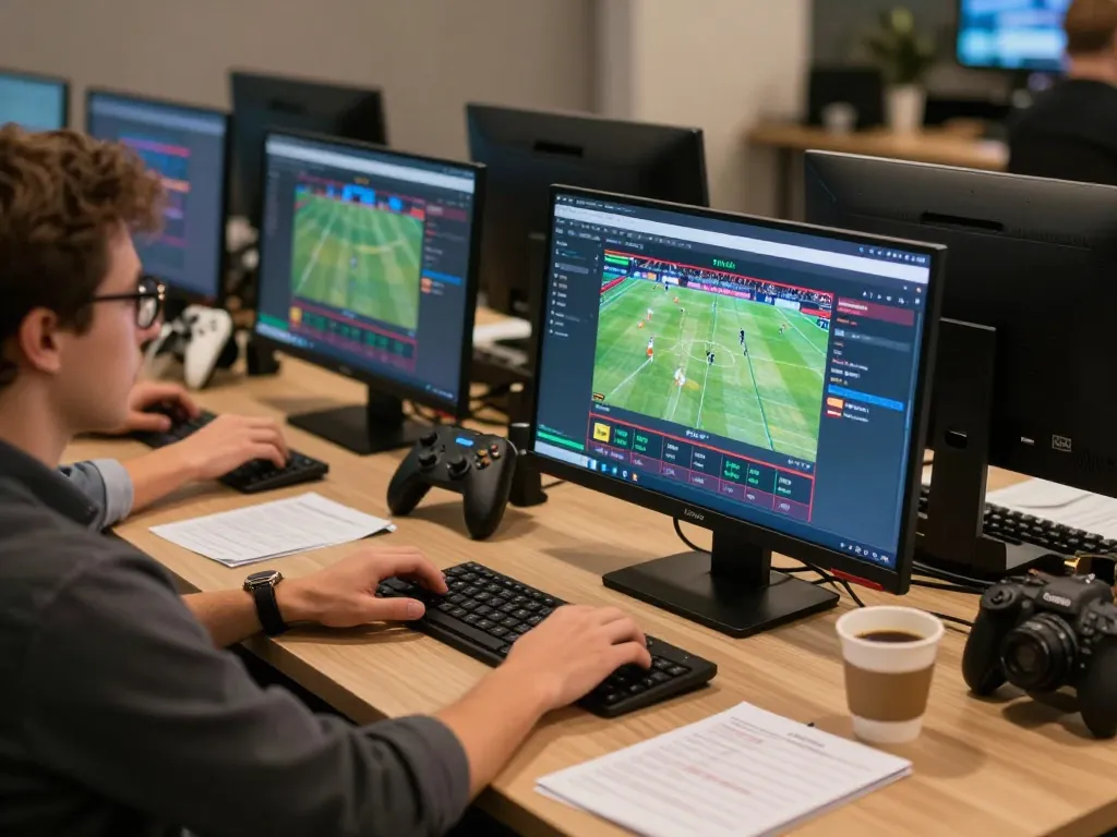 Engaged player navigating ok365 sports betting app on a multi-screen setup with betting strategy notes.