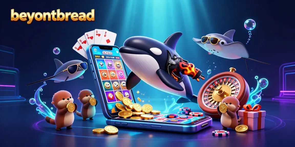 Experience the thrill of gambling at beyondbread with a lively underwater scene featuring a biker whale, a stingray, and otter family holding coins.