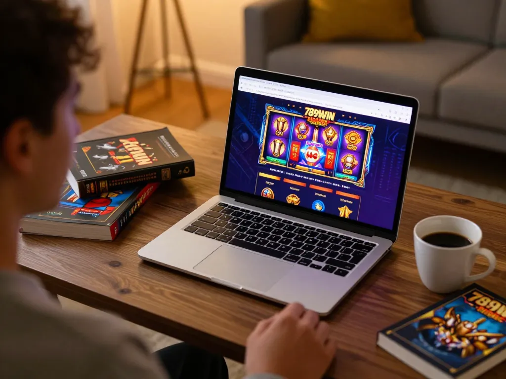Engaging online gaming scene featuring 789WIN on laptop with cozy home ambiance.