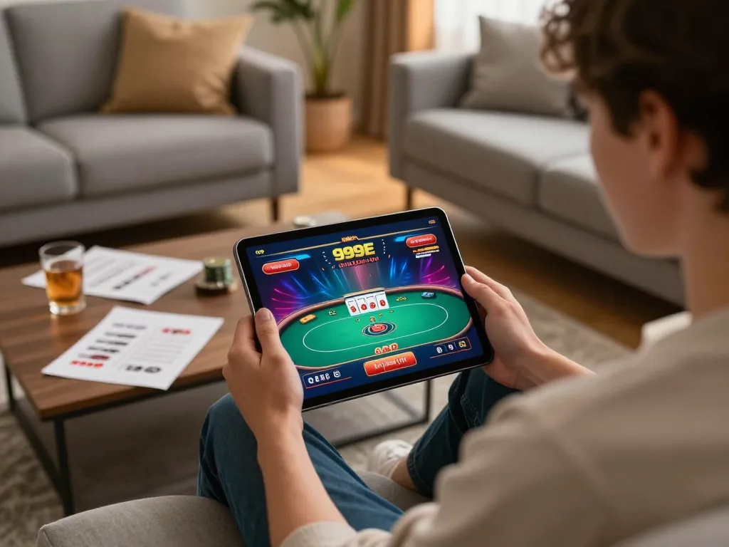 Engaging with 999E online casino on a tablet during a cozy home gaming night.