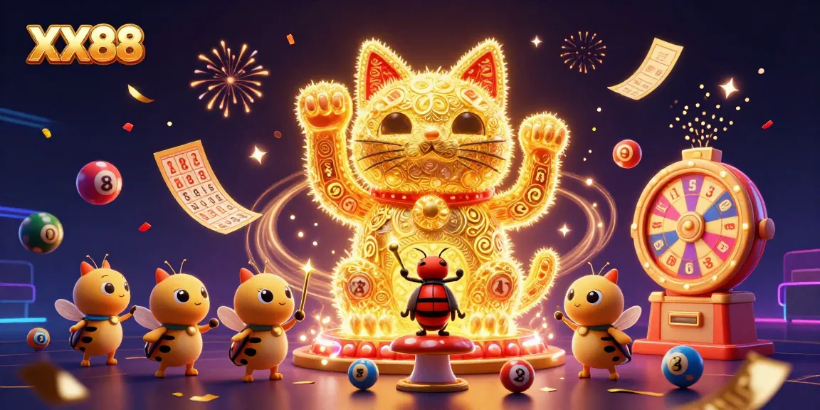 Experience exciting games at XX88 with a dynamic scene featuring a waving lucky cat and casino symbols.