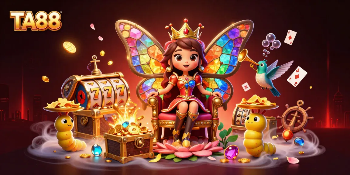 Experience TA88's vibrant casino fantasy with a butterfly queen amidst gold and gems.