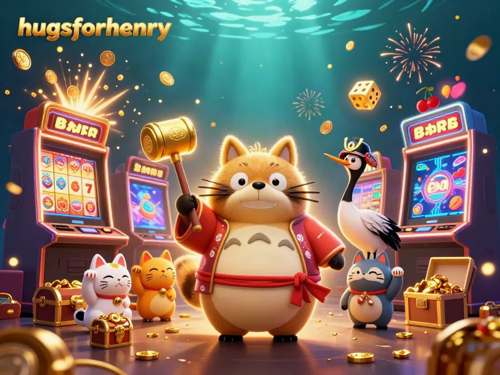 Join the excitement of hugsforhenry in this vibrant casino-themed illustration, featuring playful characters and jackpot winnings.